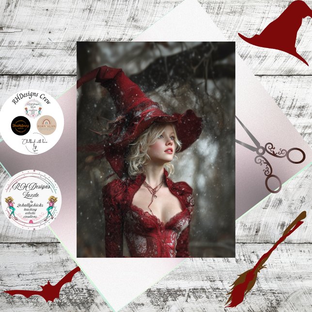 Papel De Seda Decoupage Fantasy Witch Dressed in Red Winter  (Criador carregado)