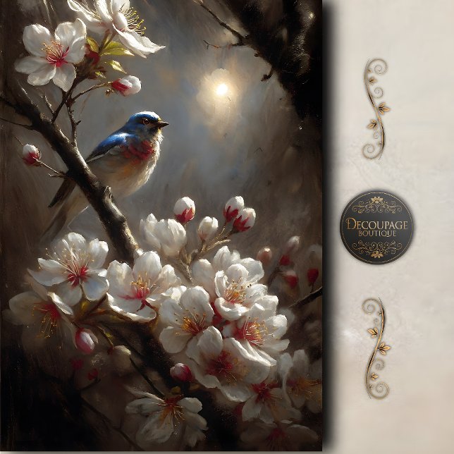 Papel De Seda Decoupage Flor de Azulinho ao Luar (Moonlit Bluebird Blossom Decoupage Tissue Paper)