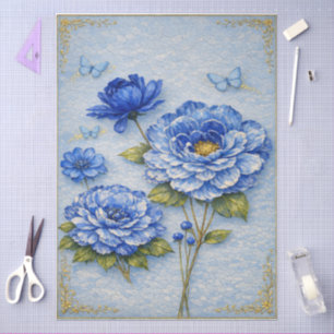 Papel De Seda Decoupage Floral Azul e Dourado Inspirado em Vinta