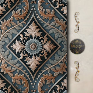 Papel De Seda Decoupage Floral Barroco Azul Elegante