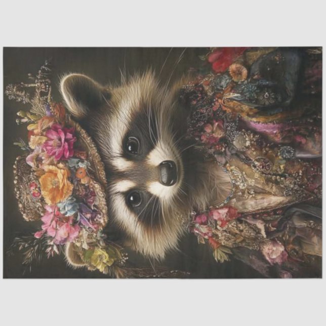 Papel De Seda Decoupage Floral Crowned Raccoon (Frente )