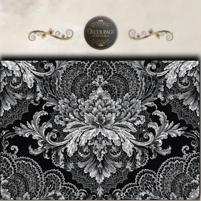 Papel De Seda Decoupage Floral Damasco Prata Preto (Black Silver Damask Floral Decoupage Tissue Paper)
