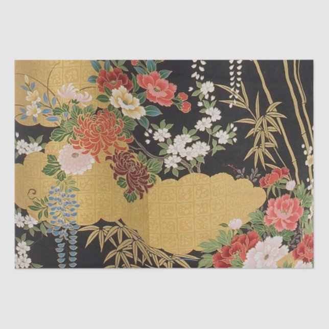 Papel De Seda Decoupage Floral do Kimono, preto e Dourado, (Frente )