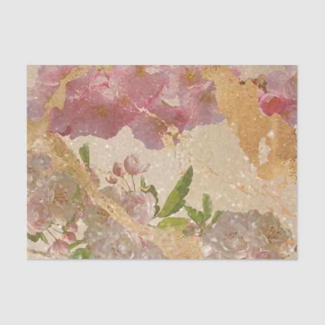 Papel De Seda Decoupage Floral do Shimmer Dourado Elegante (Frente )
