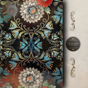 Papel De Seda Decoupage Floral Scroll Azul Vintage