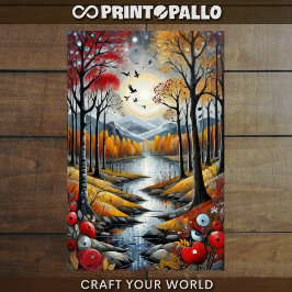 Papel De Seda Decoupage - Floresta do outono, rio e lua -