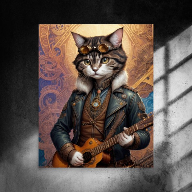 Papel De Seda Decoupage - Gato steampunk com óculos e violão - (Criador carregado)