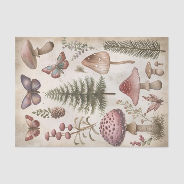 Papel De Seda Decoupage Goblincore da Borboleta Rosa de Mushroom (Frente )