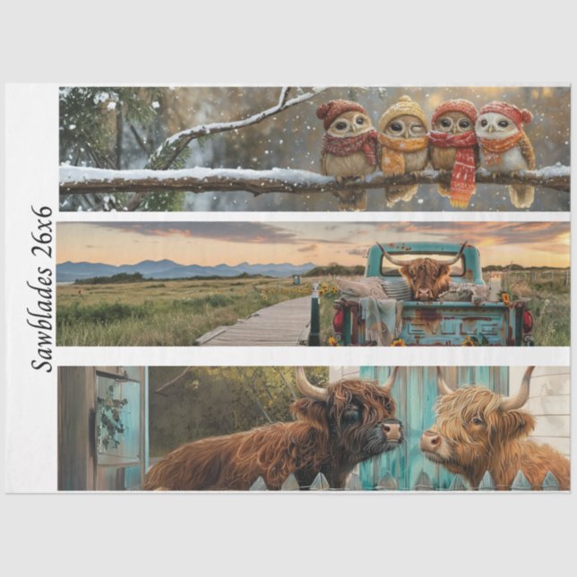 Papel De Seda Decoupage Handsaw Papers Owl, Highland Cow, Farm  (Frente )