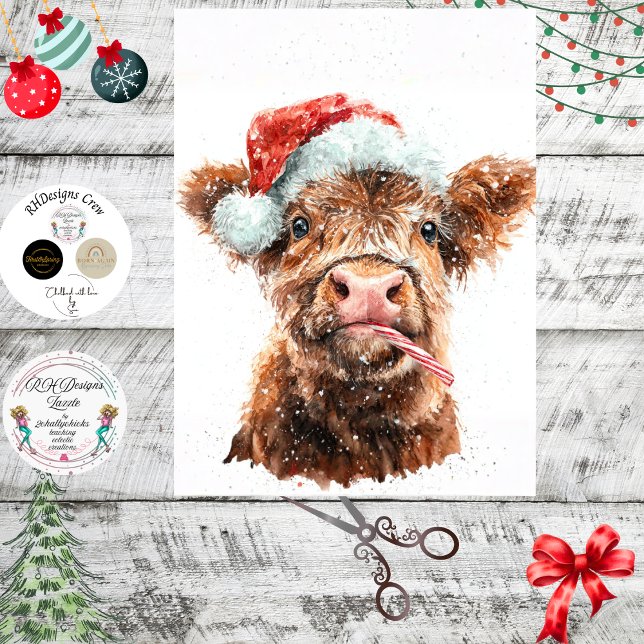 Papel De Seda Decoupage Highland Calf Santa Hat Candy Cane (Criador carregado)