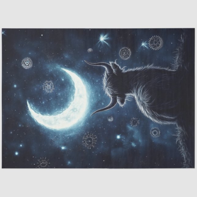 Papel De Seda Decoupage Highland Calf Sitting Hill Starrando Lua (Frente )