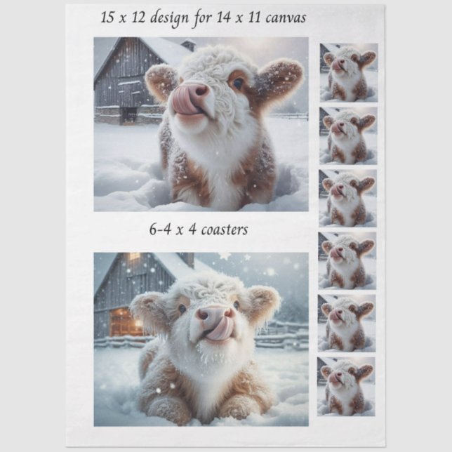 Papel De Seda Decoupage Highland Calf Snow 11x14 Canvas Coasters (Frente )
