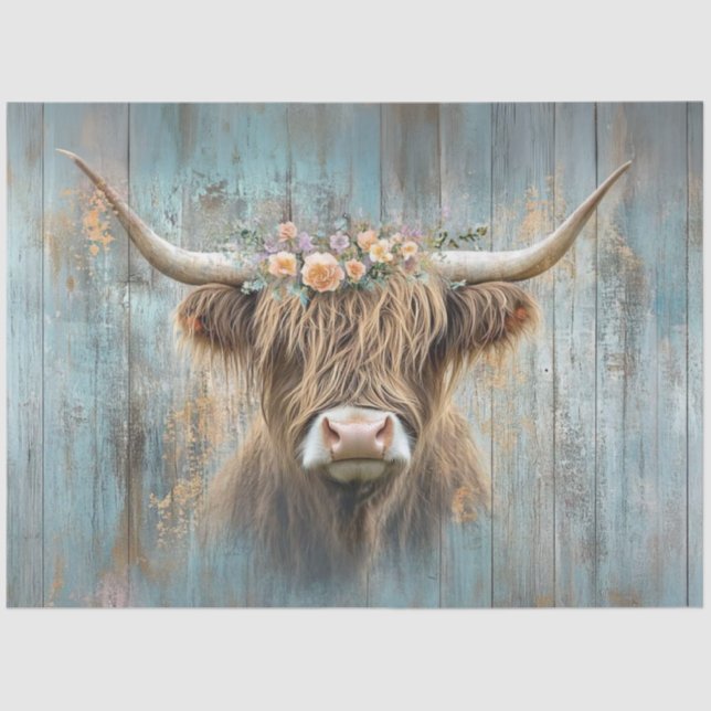 Papel De Seda Decoupage Highland Cow Azul Distância Fundo (Frente )