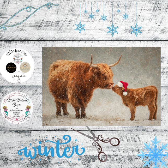 Papel De Seda Decoupage Highland Cow Calf Kissing in the Snow (Criador carregado)