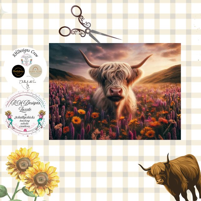 Papel De Seda Decoupage Highland Cow Sunset Flowers  (Criador carregado)
