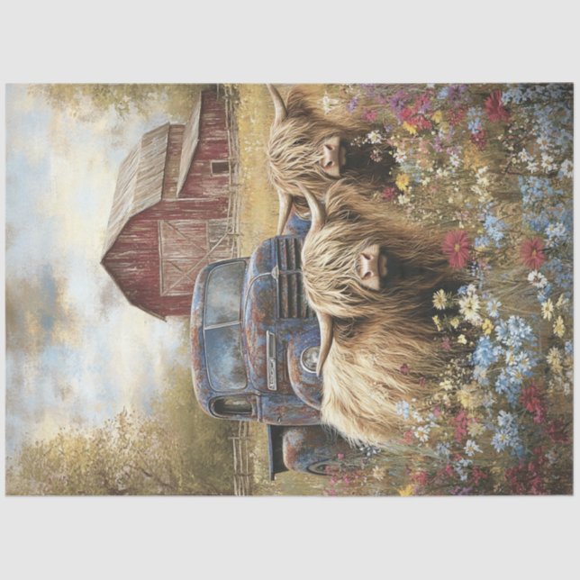 Papel De Seda Decoupage Highland Cows Blue Truck Red Barn (Frente )