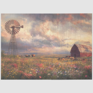 Papel De Seda Decoupage Landscape Windmill Red Barn Selvagens