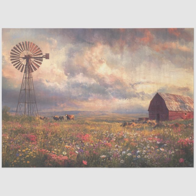 Papel De Seda Decoupage Landscape Windmill Red Barn Selvagens (Frente )