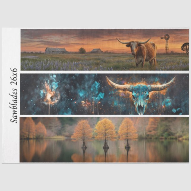 Papel De Seda Decoupage Longhorns Bluebonnets Árvores Serras (Frente )
