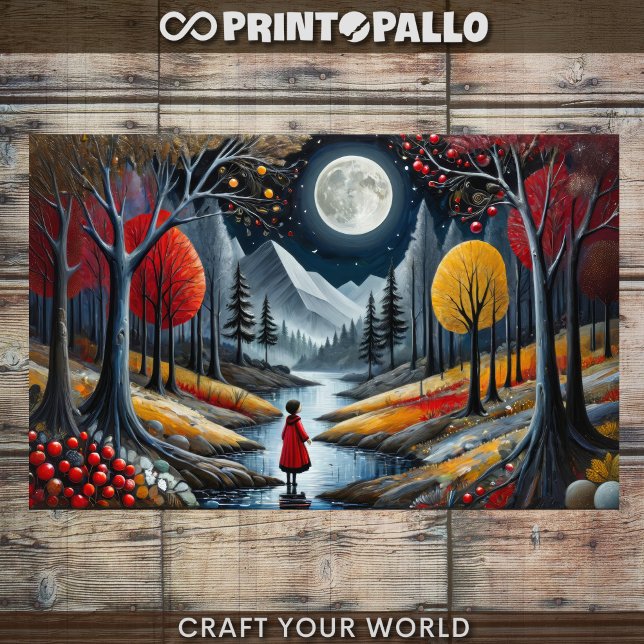 Papel De Seda Decoupage - Menina de vermelho e paisagem da lua d (Criador carregado)
