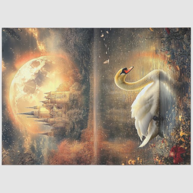 Papel De Seda Decoupage Night Scene Moon Castle Swan em Lago (Frente )