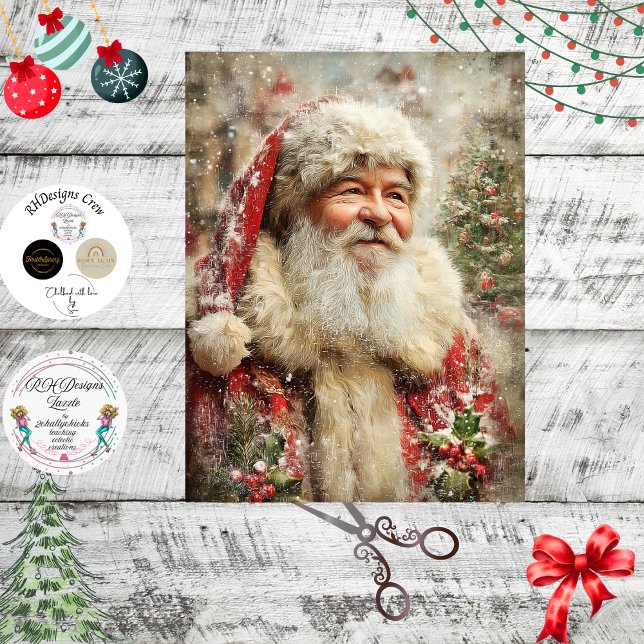 Papel De Seda Decoupage Painterly Santa Claus Snowy Tree Artwork (Criador carregado)