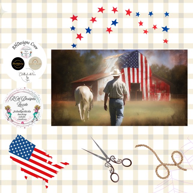 Papel De Seda Decoupage Patriotic Barn White Horse & Rancher (Criador carregado)