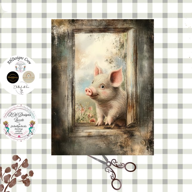 Papel De Seda Decoupage Piglet in Rustic Window Story Book  (Criador carregado)