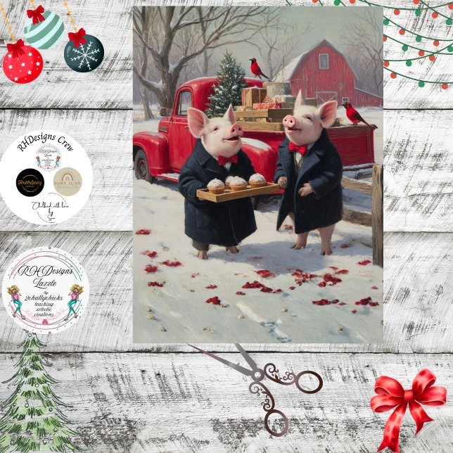 Papel De Seda Decoupage Piglets Celebrating Christmas on Farm  (Criador carregado)