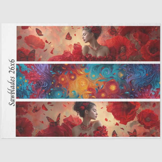 Papel De Seda Decoupage Red Poppy Butterfly Woman Cosmic Handsaw (Frente )
