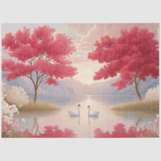 Papel De Seda Decoupage Romântico do Lago dos Cisnes com Árvores
