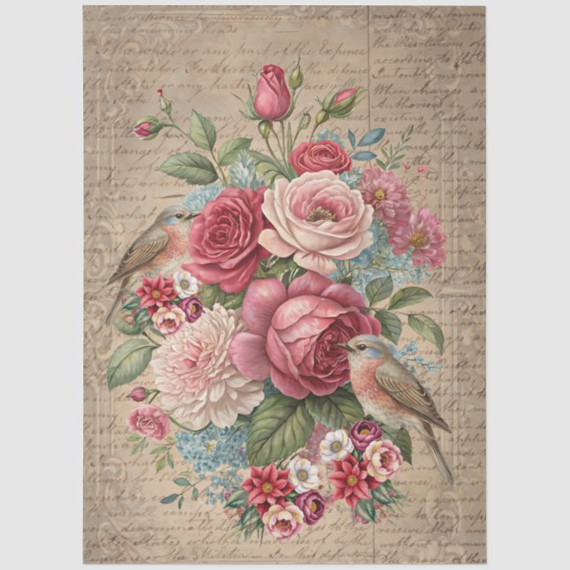 Papel De Seda Decoupage Romântico Inspirado em Flores e Pássaros (Frente )