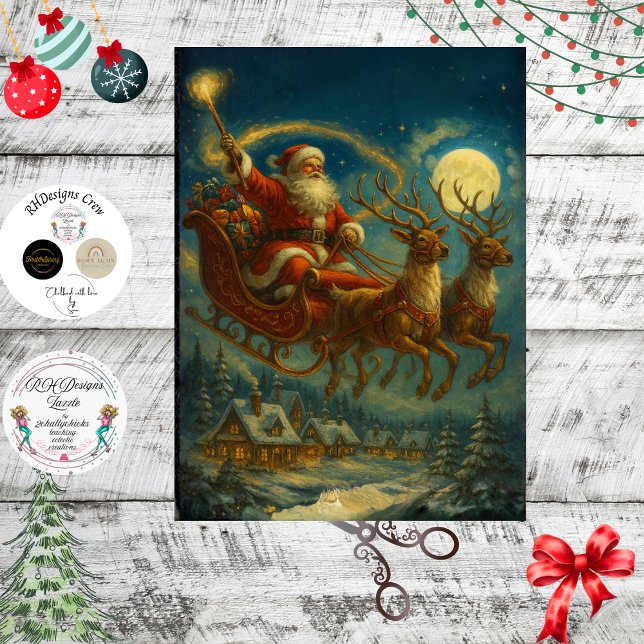 Papel De Seda Decoupage Santa & Reindeer Sleighing in Night Sky  (Criador carregado)