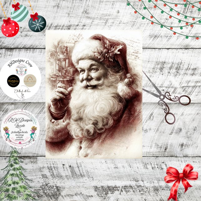 Papel De Seda Decoupage Sepia Red Santa Traditional Santa Claus (Criador carregado)