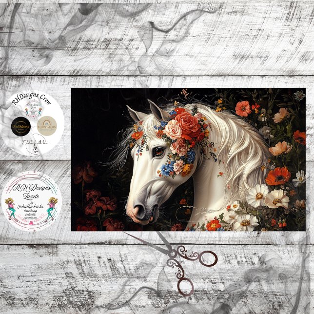 Papel De Seda Decoupage Serene White Horse Tapestry Blooms  (Criador carregado)