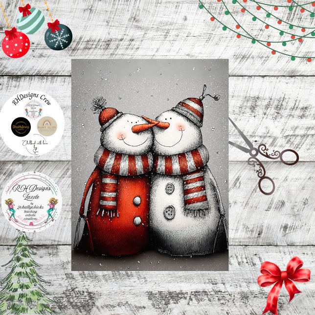 Papel De Seda Decoupage Snowman Pair Red Hats Scarves  (Criador carregado)