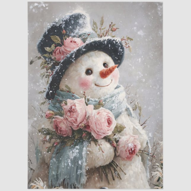 Papel De Seda Decoupage Snowman with Pink Roses (Frente )