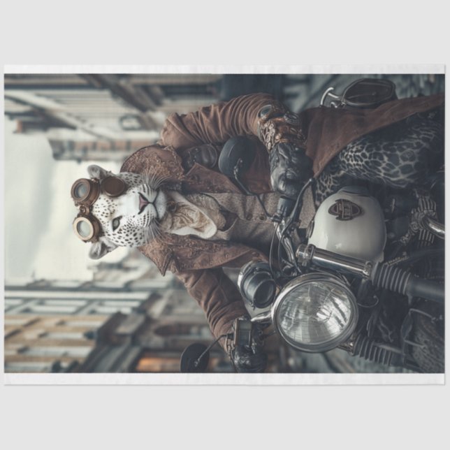Papel De Seda Decoupage Steampunk Leo Lepard Motorcycle Rider (Frente )