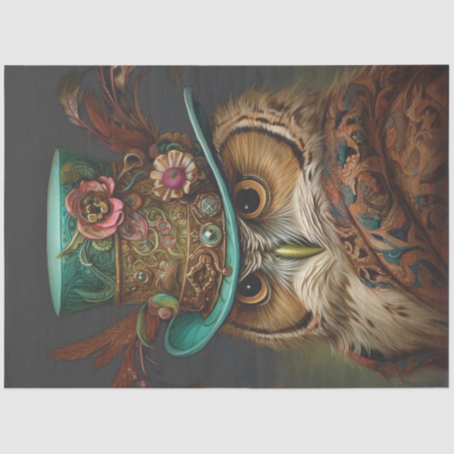 Papel De Seda Decoupage Steampunk Owl Teal & Feathered Hat (Frente )