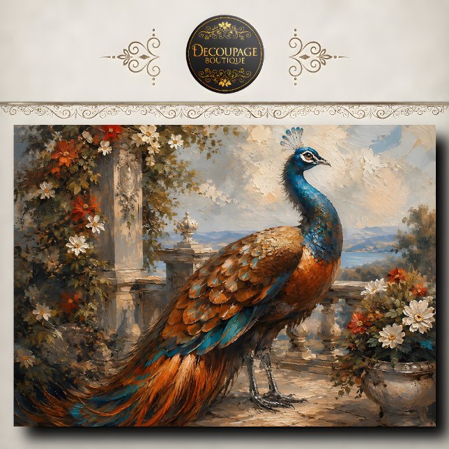Papel De Seda Decoupage Terrace do Pavão Rústico (Rustic Peacock Terrace Decoupage Tissue Paper)
