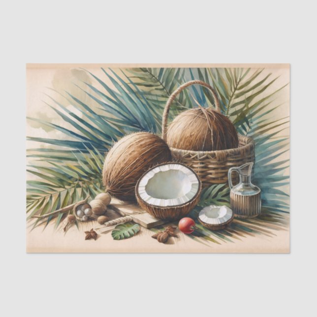 Papel De Seda Decoupage Tropical de Coco de Aquarela (Frente )