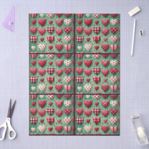 Papel De Seda Decoupage Verde Vermelha de Corações Inclinados de