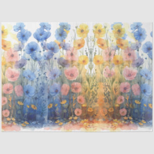 Papel De Seda Decoupage Watercolor Poppies Azul e Amarelo