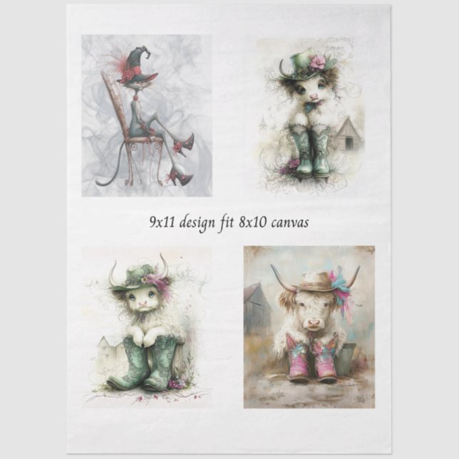 Papel De Seda Decoupage Whimsical Highland Calves and Cats  (Frente )