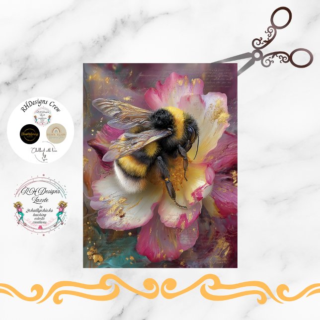 Papel De Seda Decoupage Whimsical Vibrant Bumble Bee Pink Flower (Criador carregado)