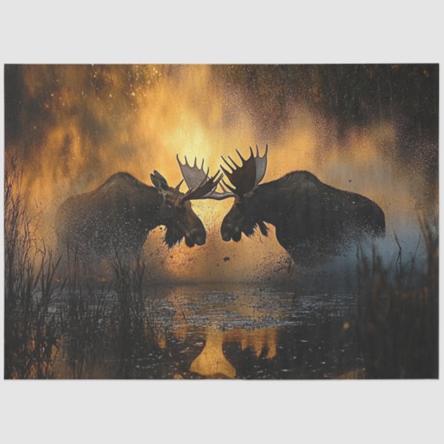 Papel De Seda Decoupage Wildlife 2 Moose Lutando Cena Sunset (Frente )