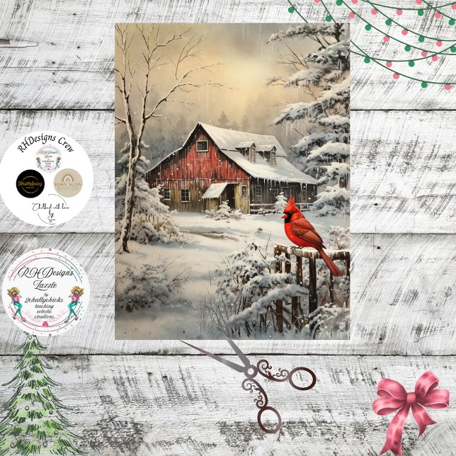 Papel De Seda Decoupage Winter Scene Red Barn Cardinal Snow  (Criador carregado)