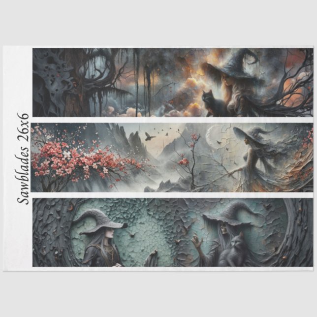 Papel De Seda Decoupage Witch Cat Moon Cherry Blossom Handsaw  (Frente )