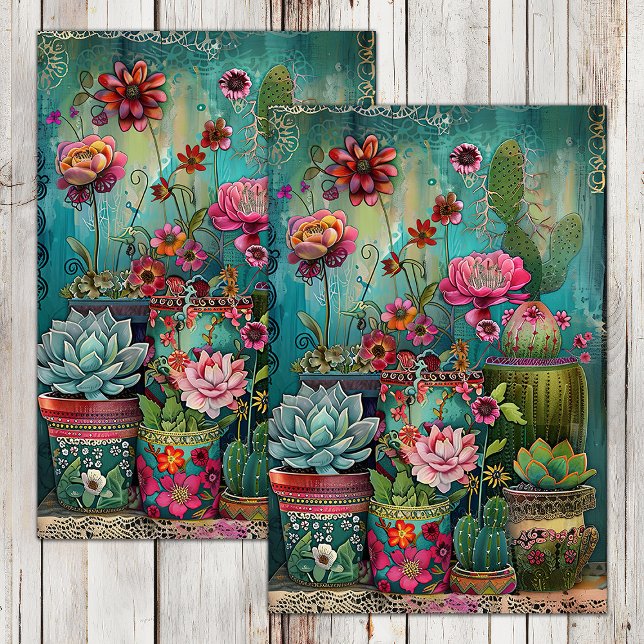 PAPEL DE SEDA DECOUPAGEM COLORIDA DE CACTO E SUCULENTAS (COLORFUL CACTUS AND SUCCULENTS DECOUPAGE TISSUE PAPER)