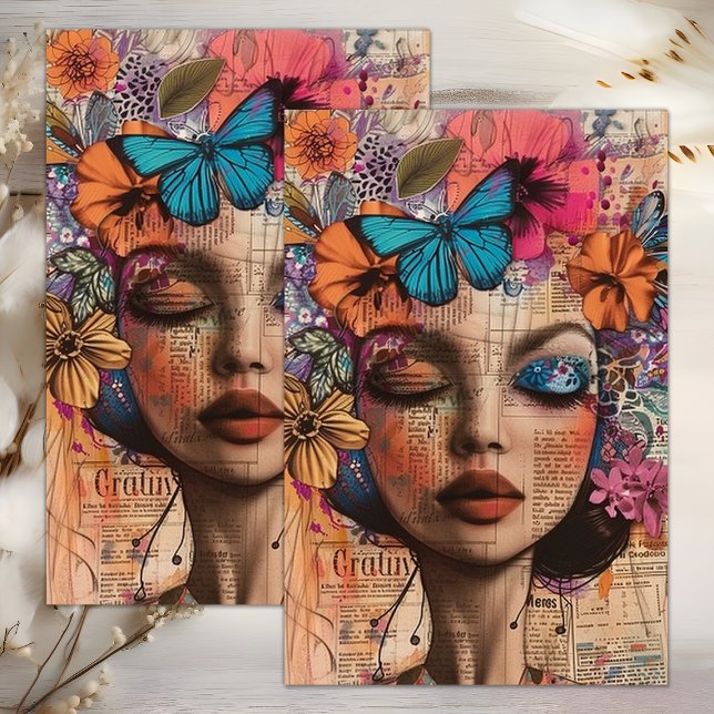 PAPEL DE SEDA DECOUPAGEM DA GAROTA FLOR BOHO BOHO (BUTTERFLY BOHO FLOWER GIRL DECOUPAGE TISSUE PAPER)